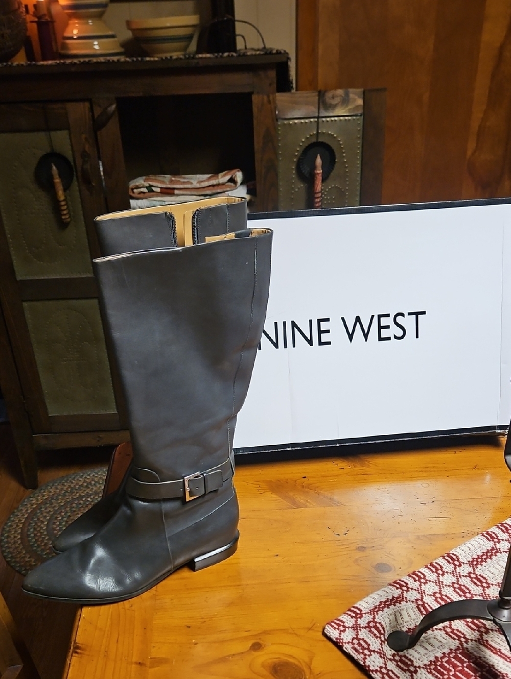 Nine West Tall Gray Leather Riding Boots with Buckle